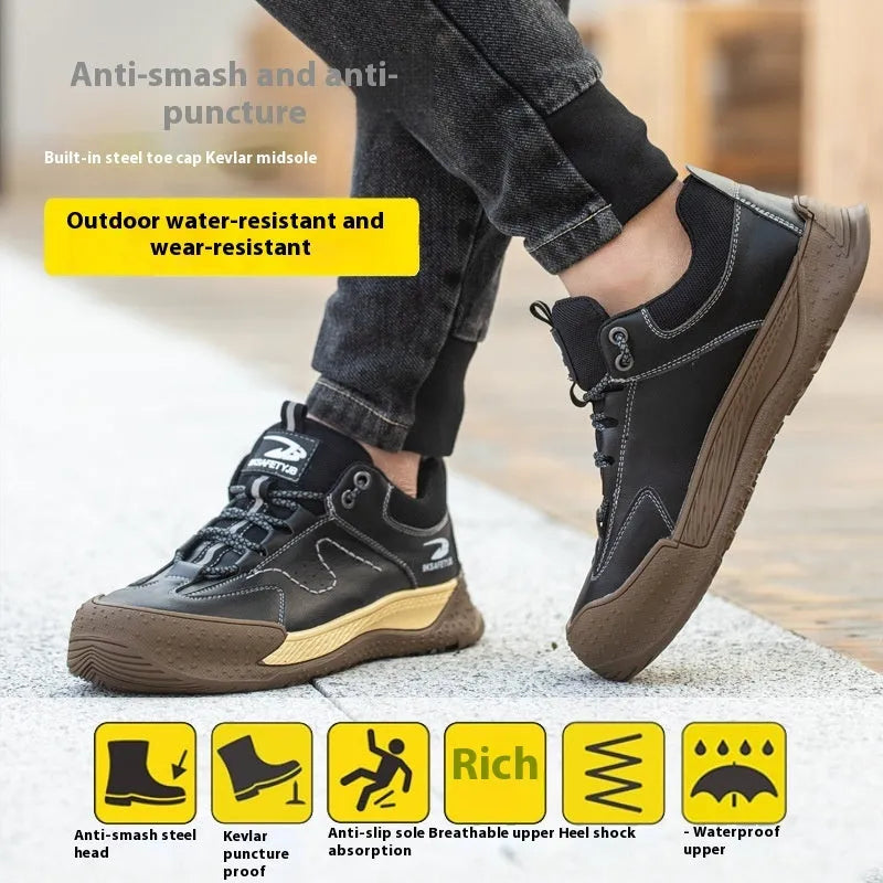 Flyknit leather work safety shoes with rubber sole in black colour, size 42 displayed