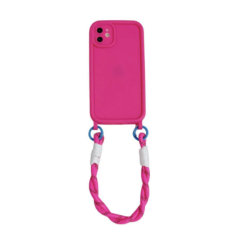 Liquid silicone phone case with lanyard for Apple iPhone black shell front view