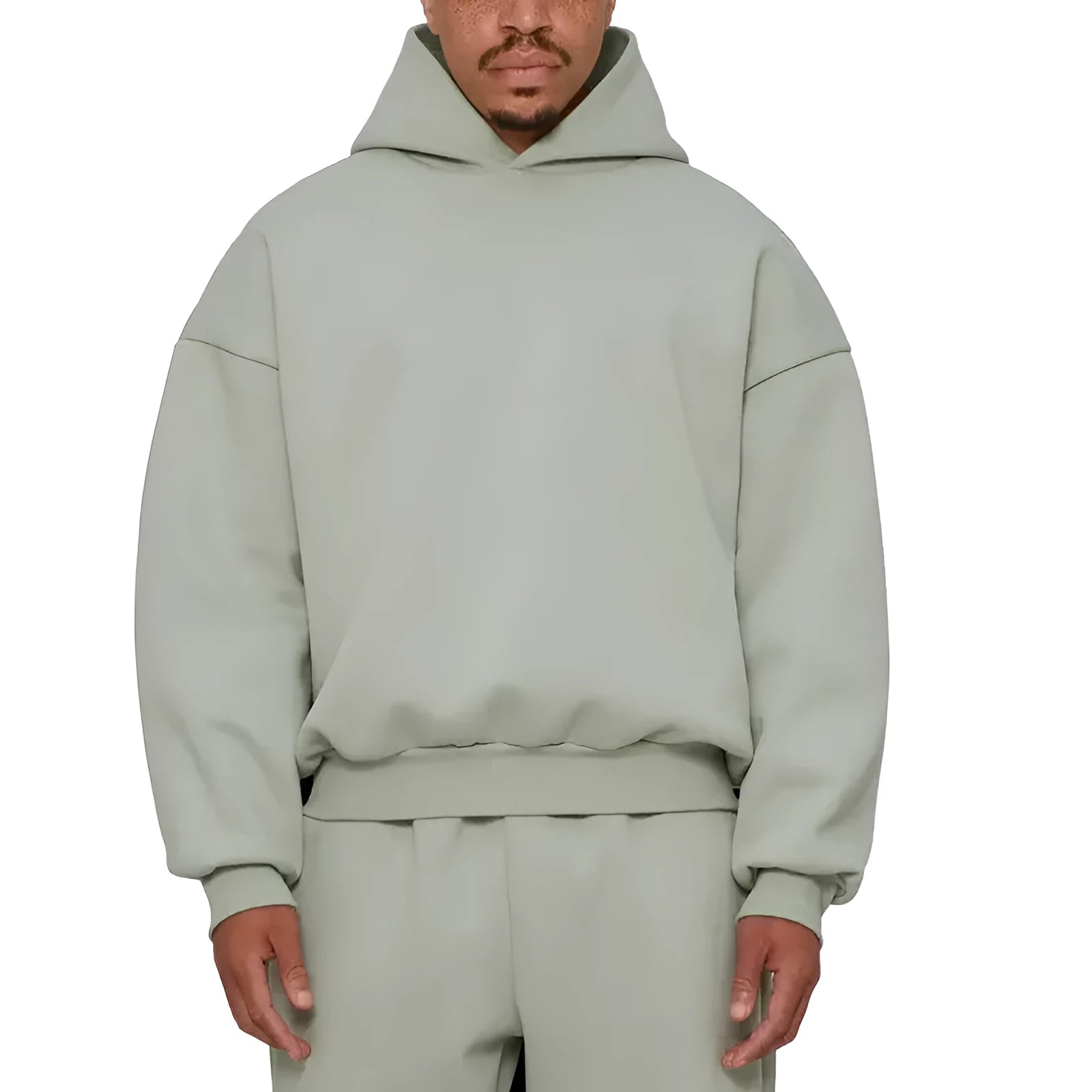 Man wearing a solid colour fleece-lined cotton hoodie sweater with a wool lining.