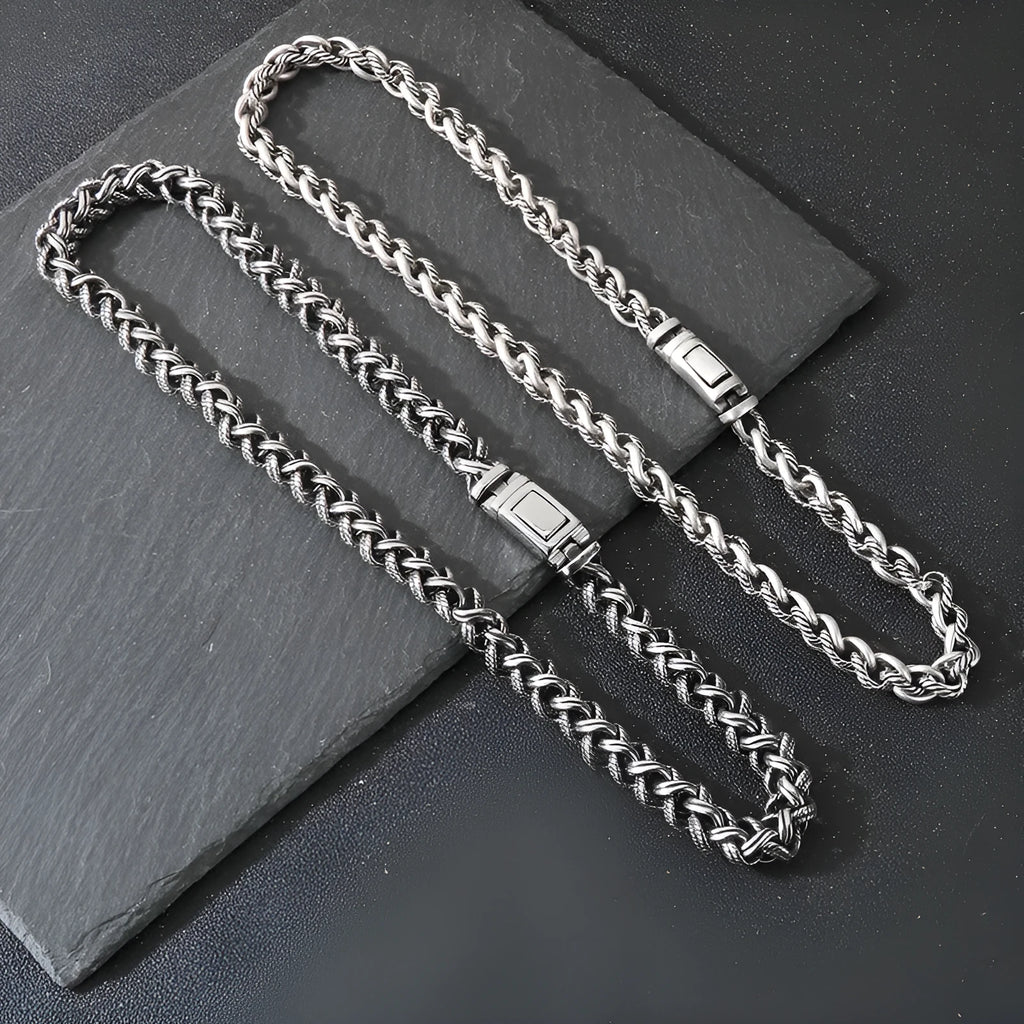Men's titanium steel chain necklace with large hemp flower links in antique silver finish