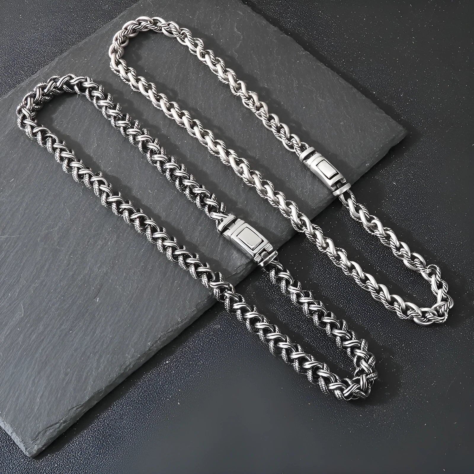 Men's titanium steel chain necklace with large hemp flower links in antique silver finish