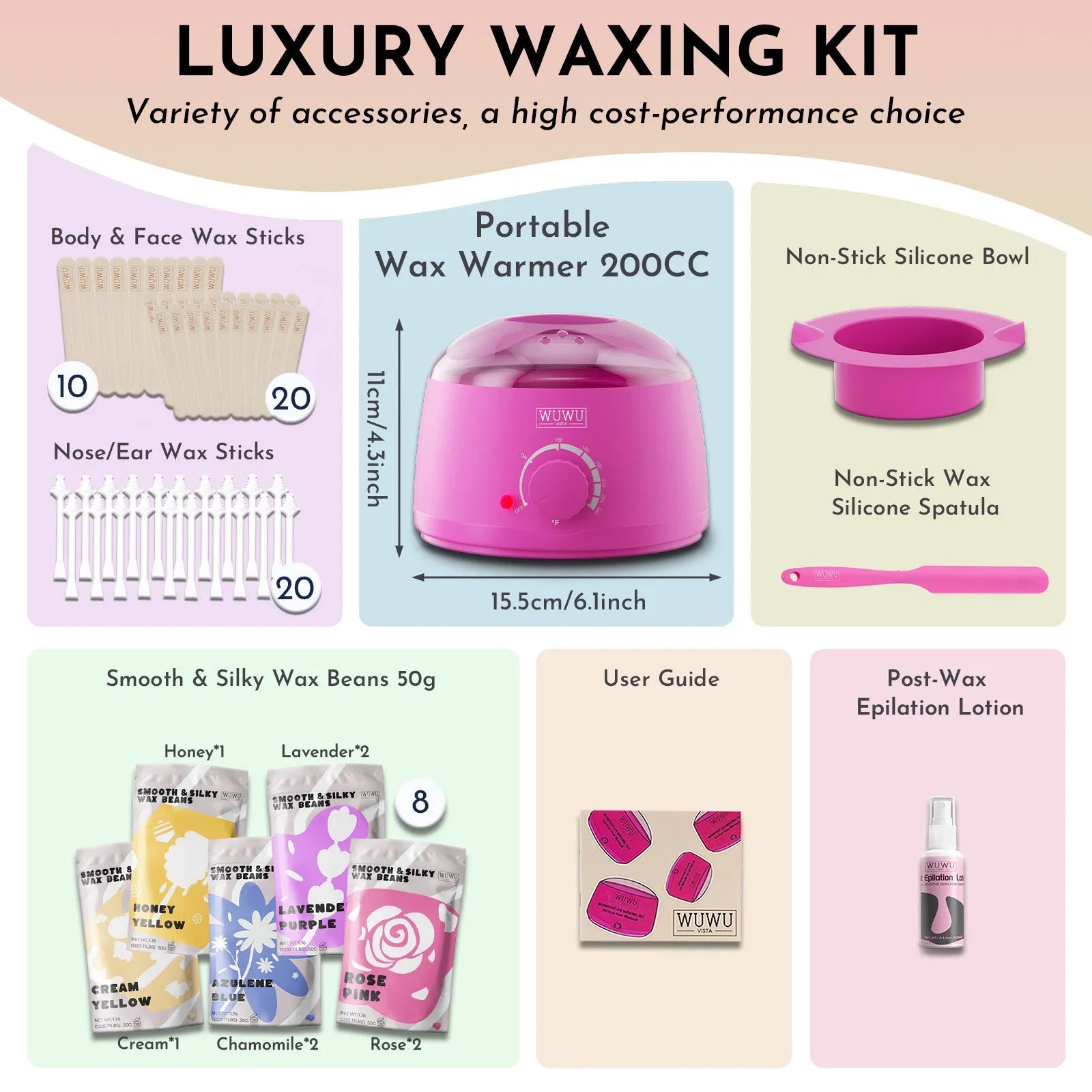 WUWUVISTA 63-piece waxing kit with black wax warmer, wax beads, application sticks, and aftercare products
