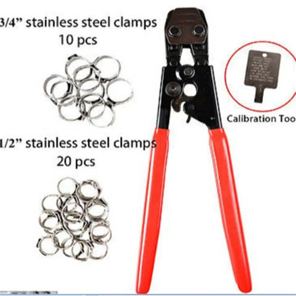 Red cloth PEX single ear clamp set with carbon steel cutting edge for plumbing connections