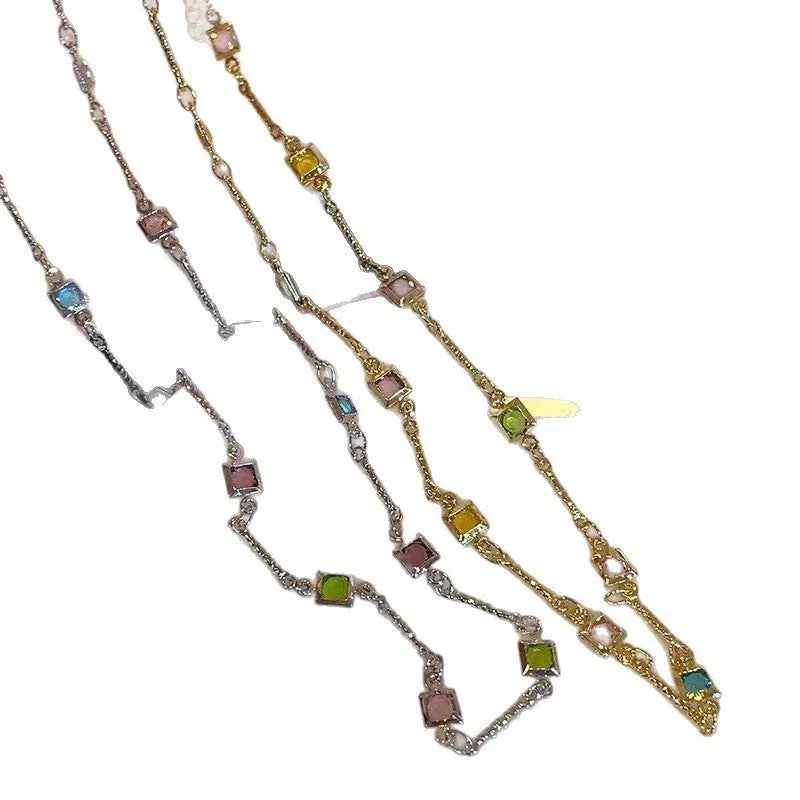 Square colour artificial crystal clavicle necklace with geometric design in gold finish