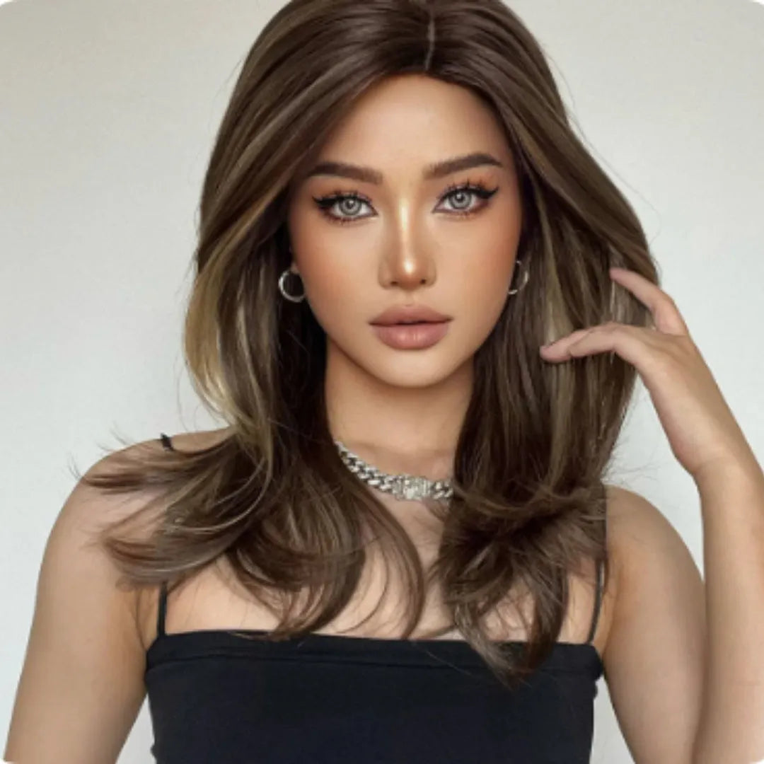 Mid-length platinum gradient colour wig with long curly hair and bangs in synthetic high-temperature fibre