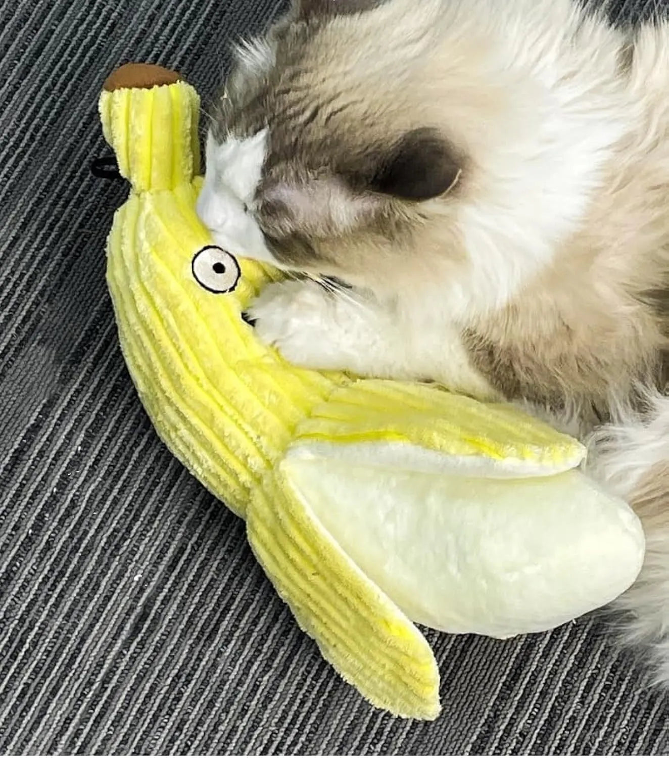 Yellow banana-shaped plush cat toy with a textured velvet strip, shown next to a cat for scale.