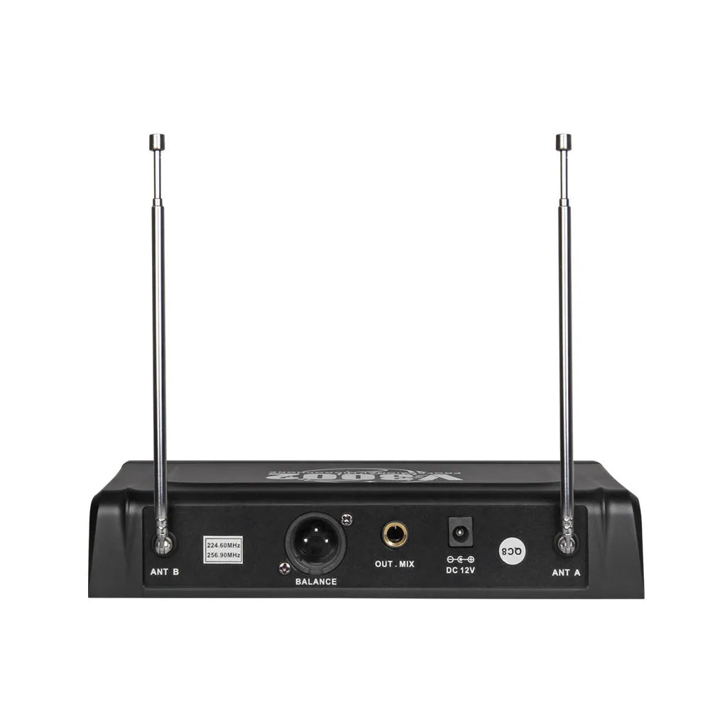 V-3002 black wireless microphone set with two handheld microphones and transmitter unit
