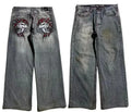 Men's grey washed-out jeans with retro workwear styling and straight-leg wide-leg cut