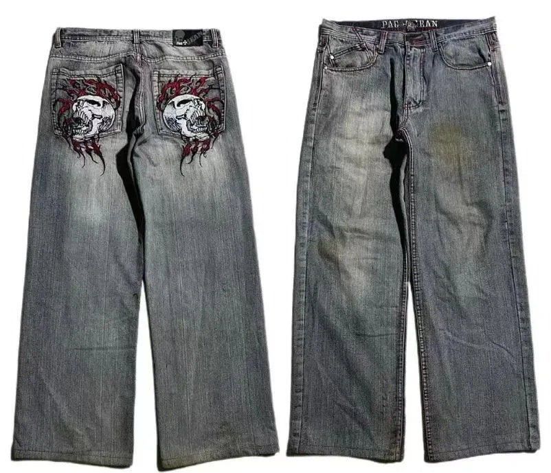 Men's grey washed-out jeans with retro workwear styling and straight-leg wide-leg cut