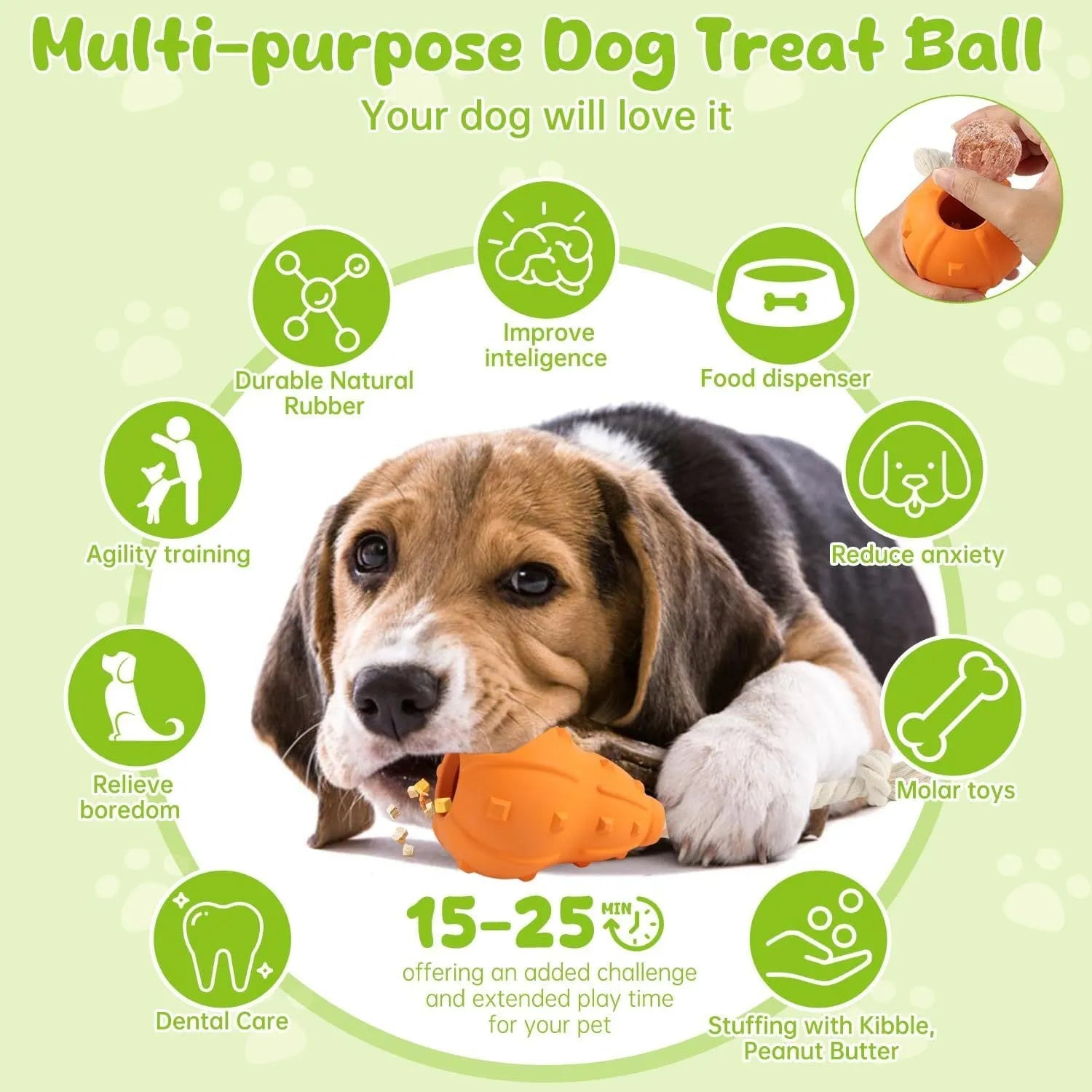 Natural rubber stuffable dog toy for small medium breeds with longer strap for fetch and tug