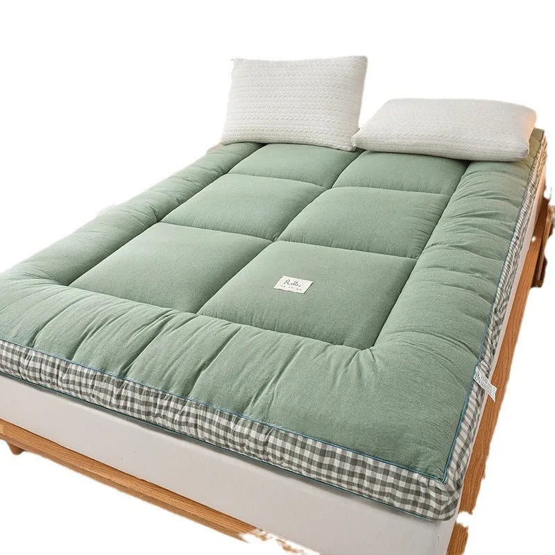 Thick feather velvet mattress topper with 10cm cushioning in pink plaid pattern, chemical fibre cover, polyester fill, for beds up to 2.0m