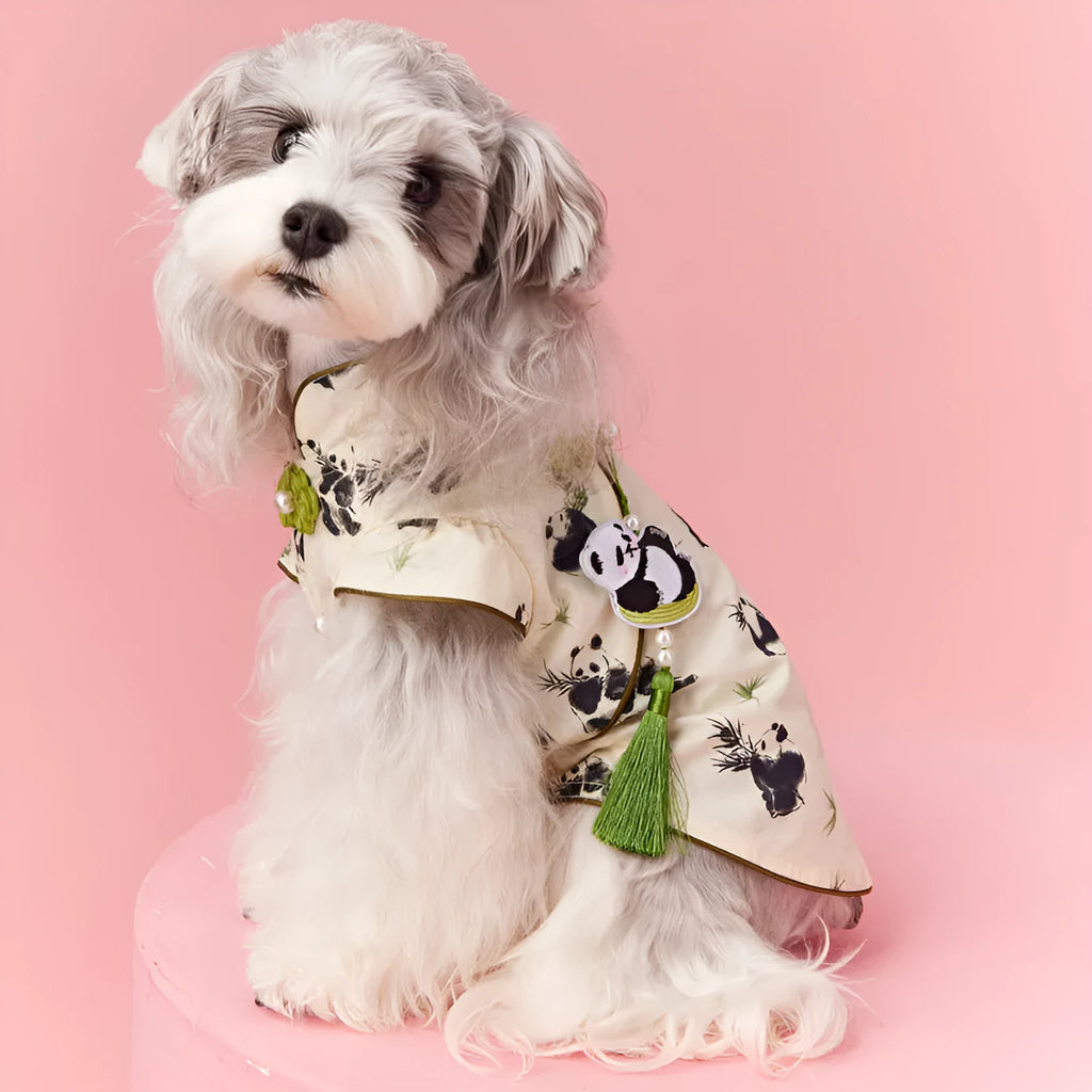 Chinese style sleeveless panda vest for small dog, polyester pet clothing with pendant
