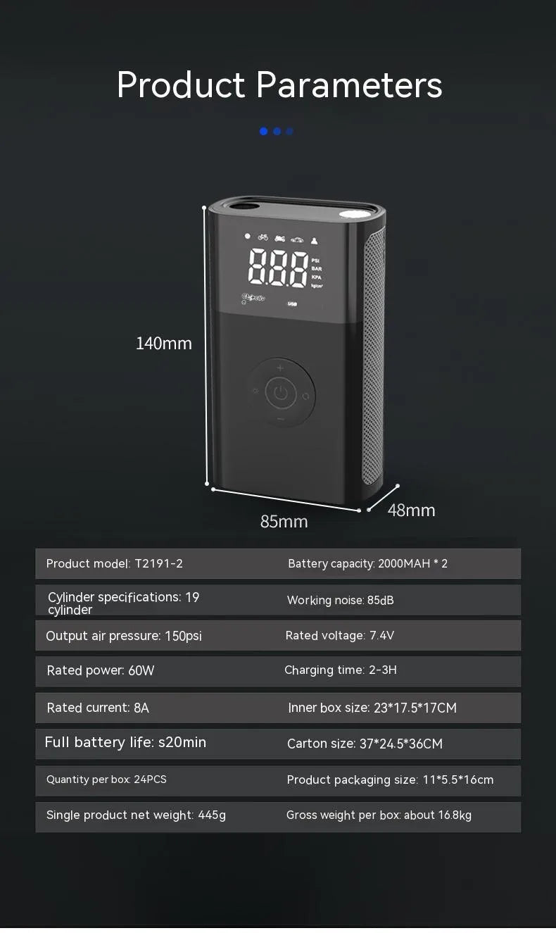 Wireless handheld digital tyre inflator with LCD screen, LED light, and attachments for car, bike, and ball valves.