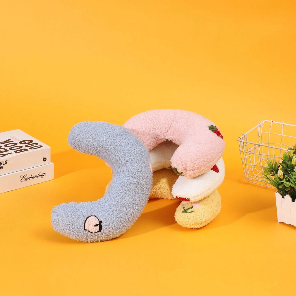 U-shaped half moon pet pillow with cartoon design for dogs and cats in blue colour