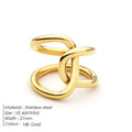 Adjustable stainless steel ring with knotted geometric design in gold or steel colour on finger
