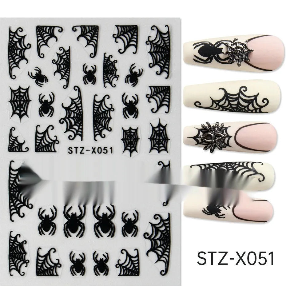 Pack of black and silver striped nail art stickers with cartoon and love pattern designs.