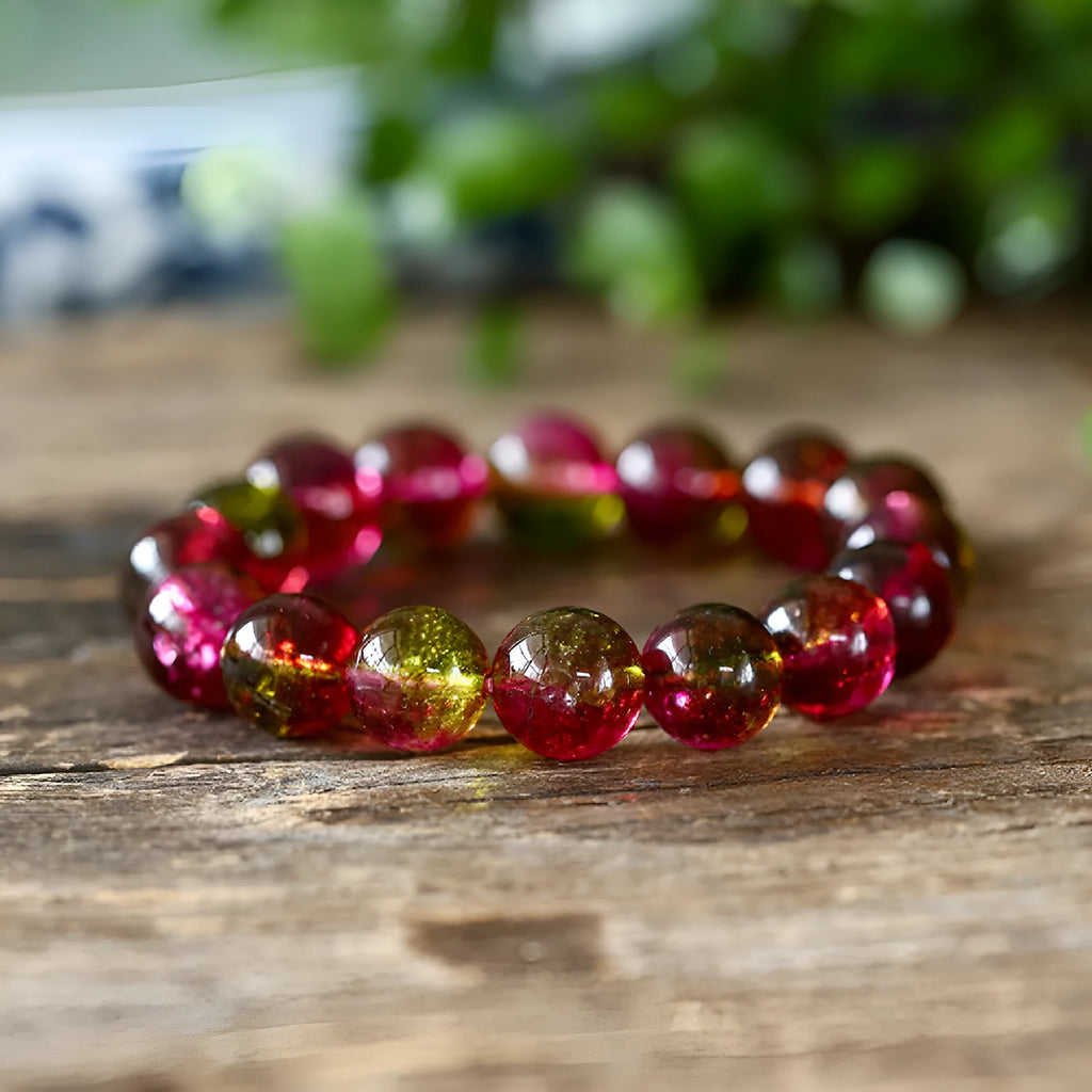 Women's watermelon crystal bracelet in pastel colours showing four size options from 6mm to 12mm diameter