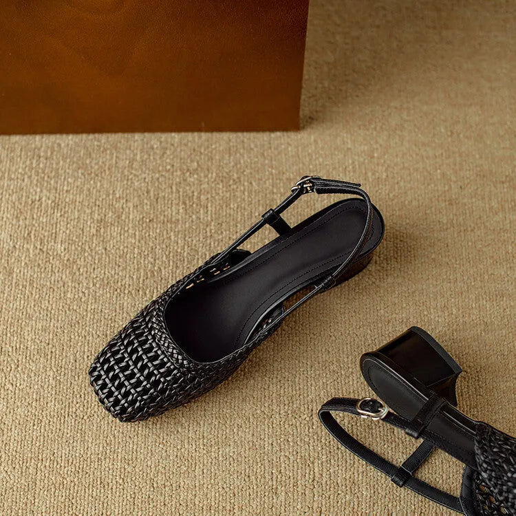 Women's woven hollow-out sandals with closed toe, 4cm chunky heel, and belt buckle fastening in beige colour