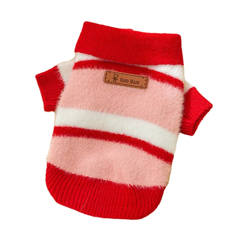 Polo collar pet cardigan for small dogs, soft striped knitted fabric, two-legged design, blue and brown stripes