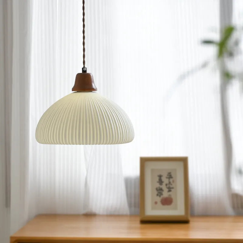 Solid wood and ceramic Japanese style chandelier ceiling light for study and bedroom with flat lantern shape