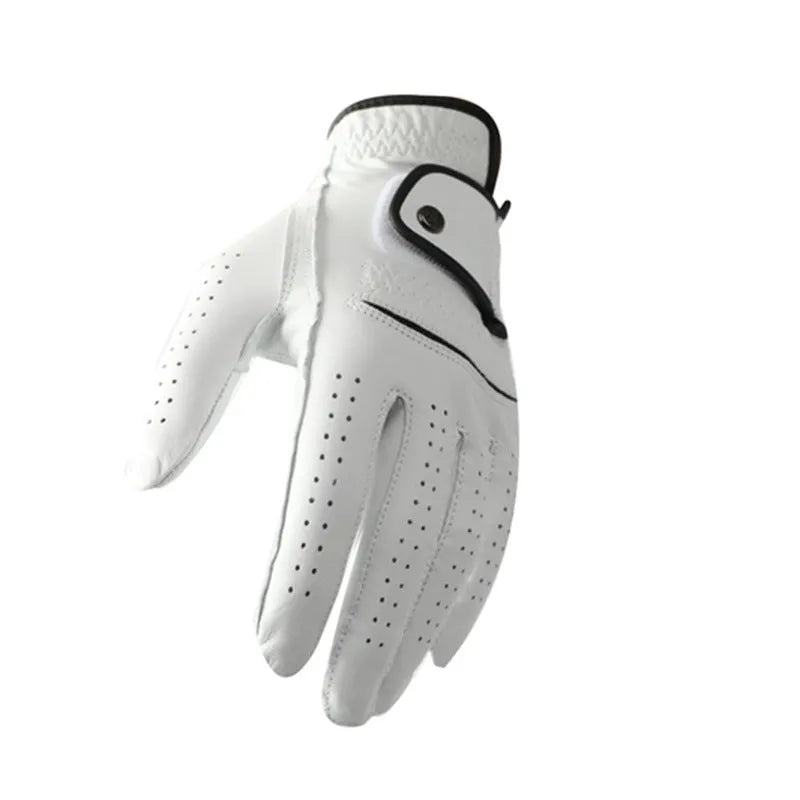 A white half sheepskin men's golf glove laid flat, showing the palm and finger design.
