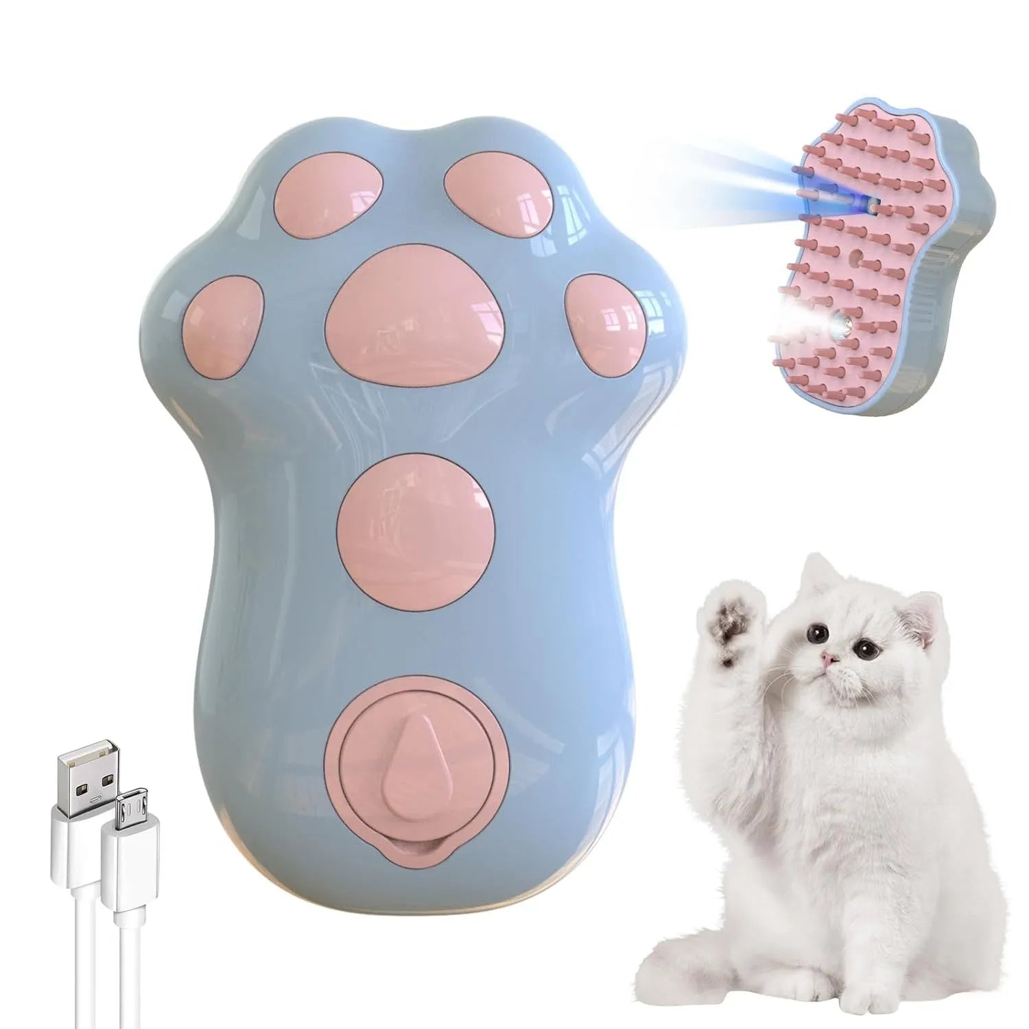 Blue self-cleaning cat grooming brush with silicone bristles and steam spray function on a pink background.