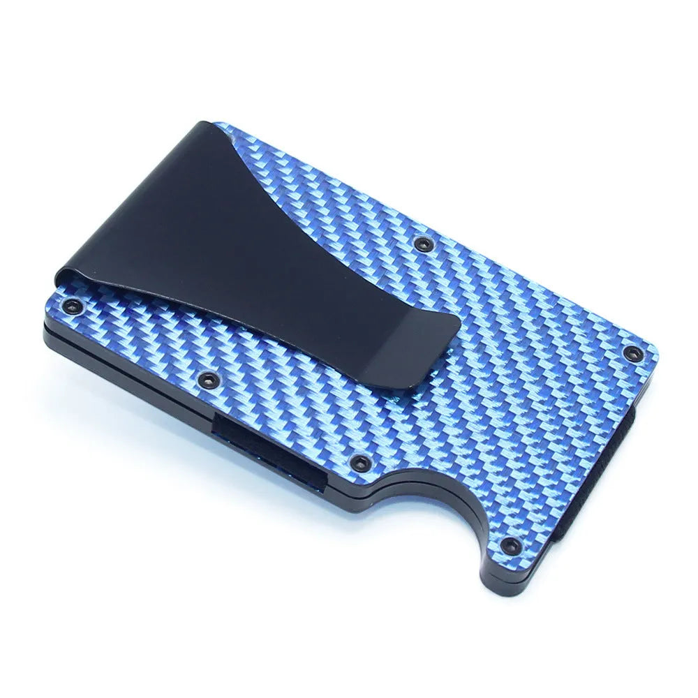 Geometric carbon fibre and aluminium slim card holder wallet in multiple colour options on a table.