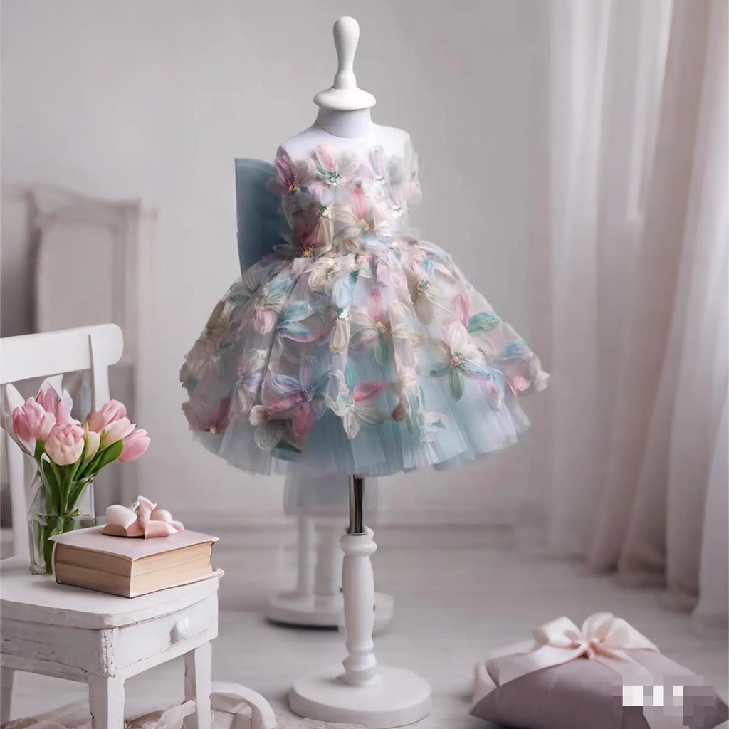 Children's full dress light luxury minority high-end princess style polyester fibre, blue one shoulder, suitable height 80-130cm