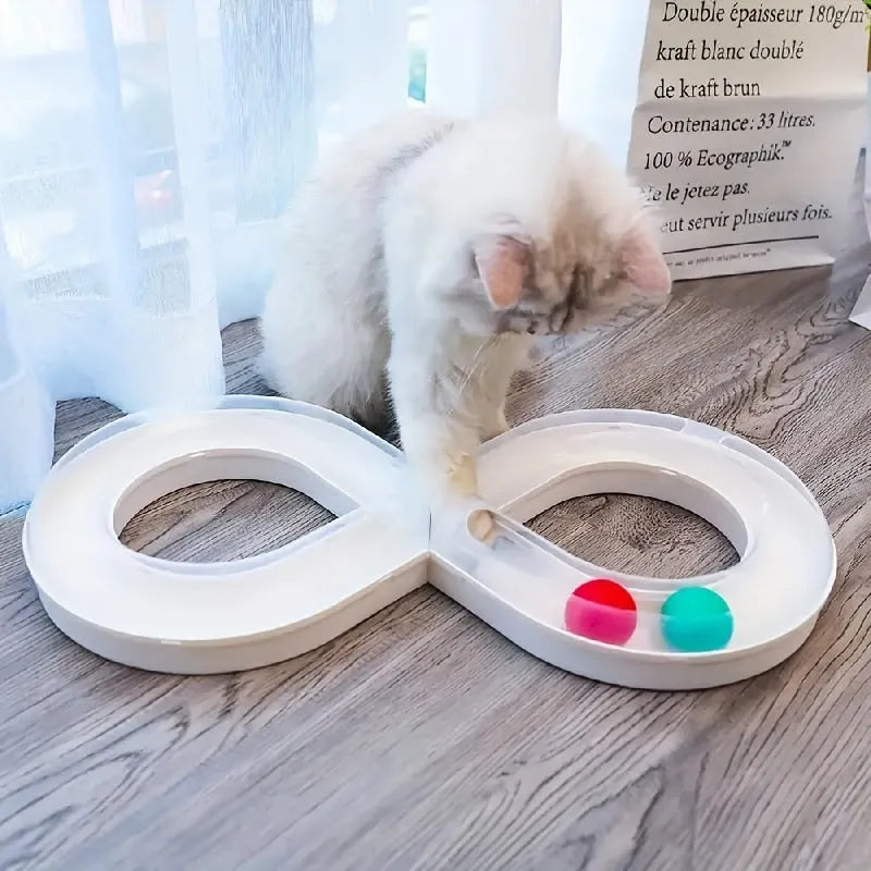 Blue and white cat turntable track ball activity centre with rotating spinner and puzzle feeder