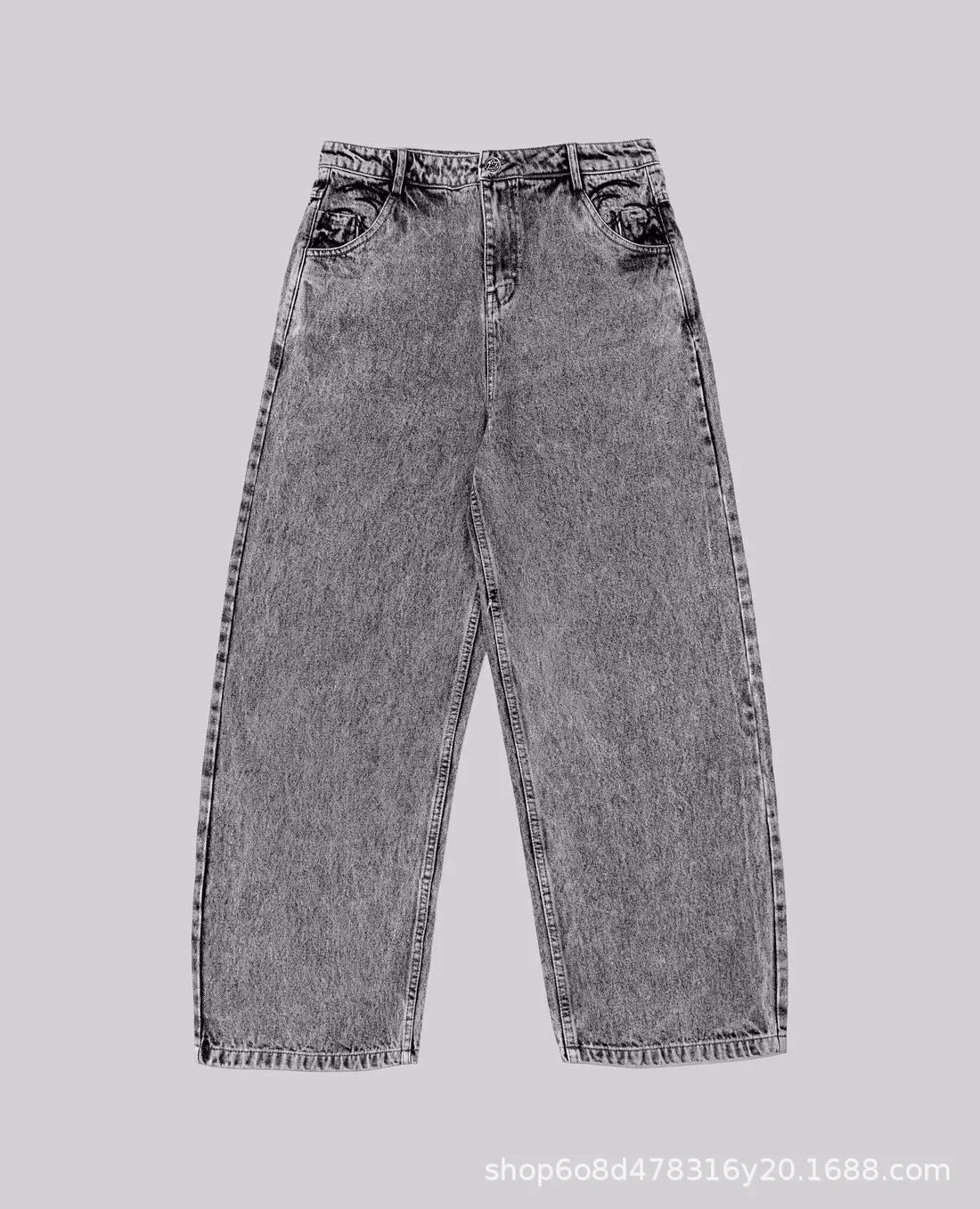 Grey loose fit straight-leg denim trousers for men on a white background