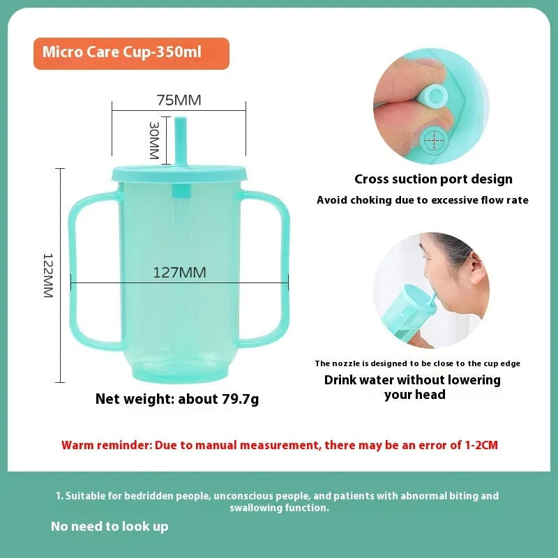Adult bed drinking cup with oblique anti-choke mouth design and optional wrist splint attachment