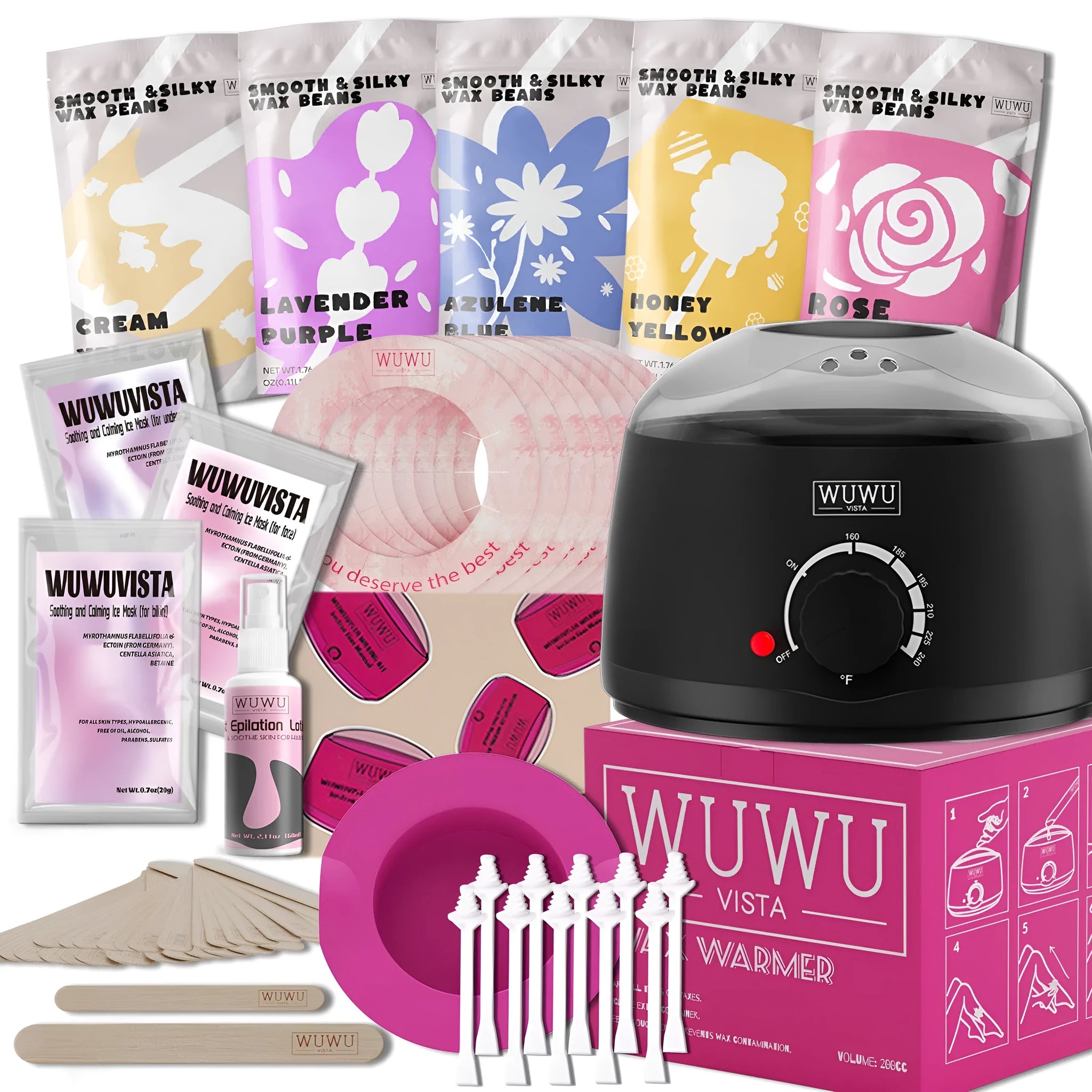 Professional 52-piece waxing kit with wax warmer, hard wax beans, application tools and post-treatment products