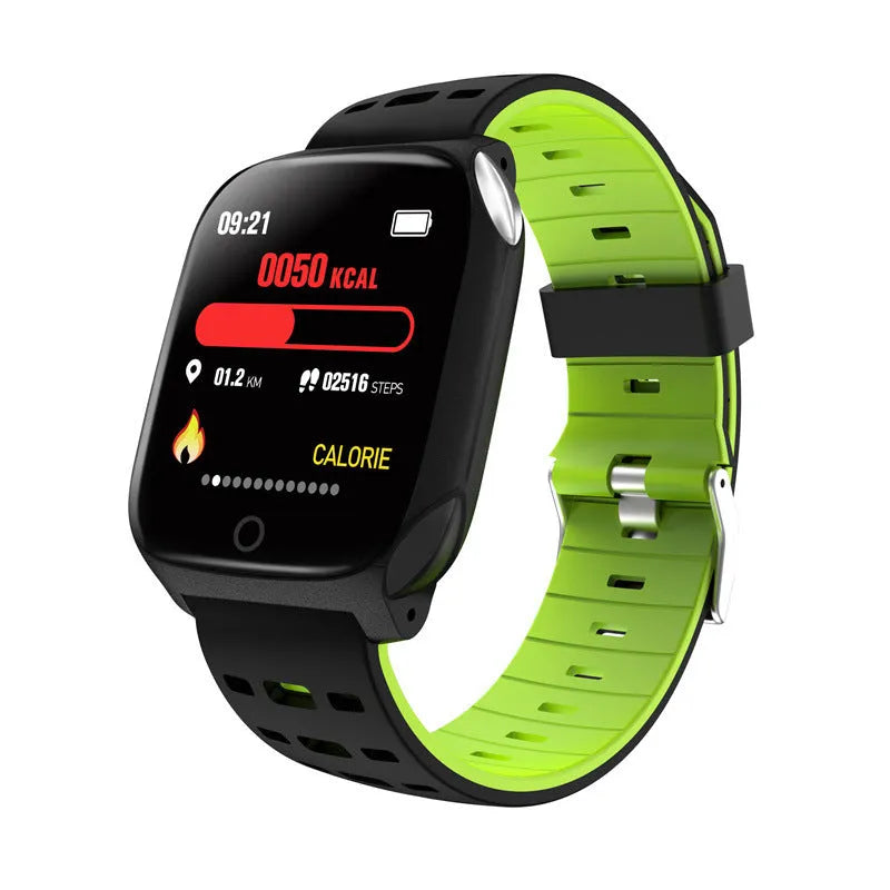 F16 smart watch with ECG and blood pressure monitoring on wrist, showing black watch body with coloured silicone strap