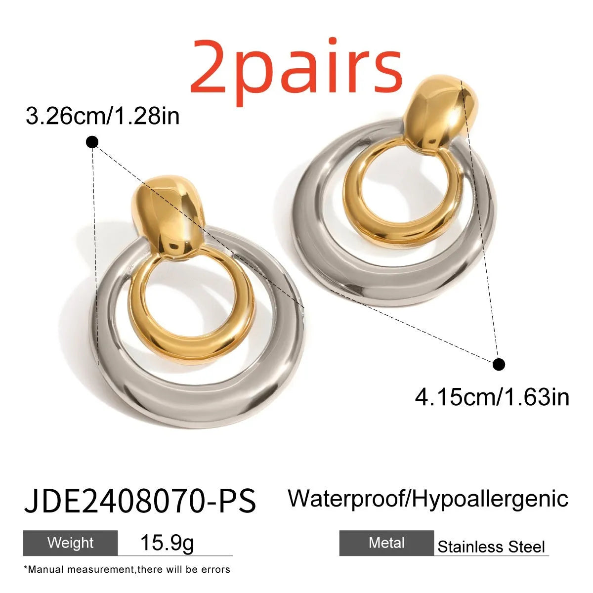 Close-up of a pair of round, geometric, double-layer hollow stud earrings with a golden electroplated finish.