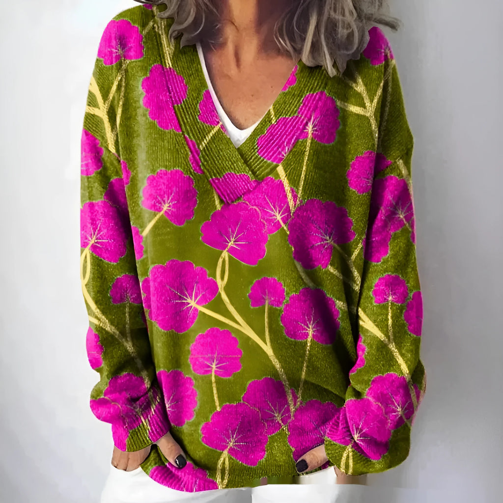 Women's V-neck long sleeve sweatshirt with a detailed 3D floral printed pattern in a retro style.