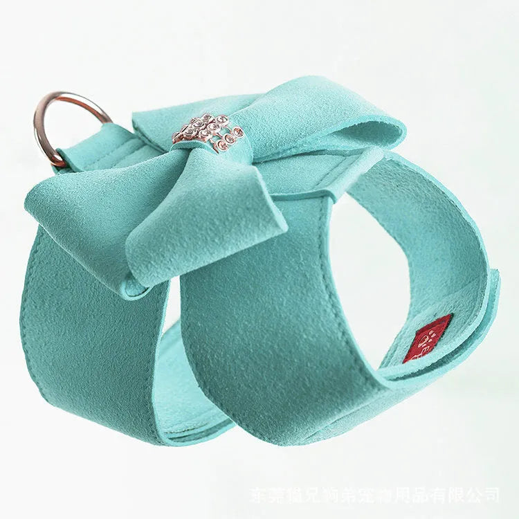 Adjustable microfiber dog chest strap shown in pink, blue, and orange colour options.