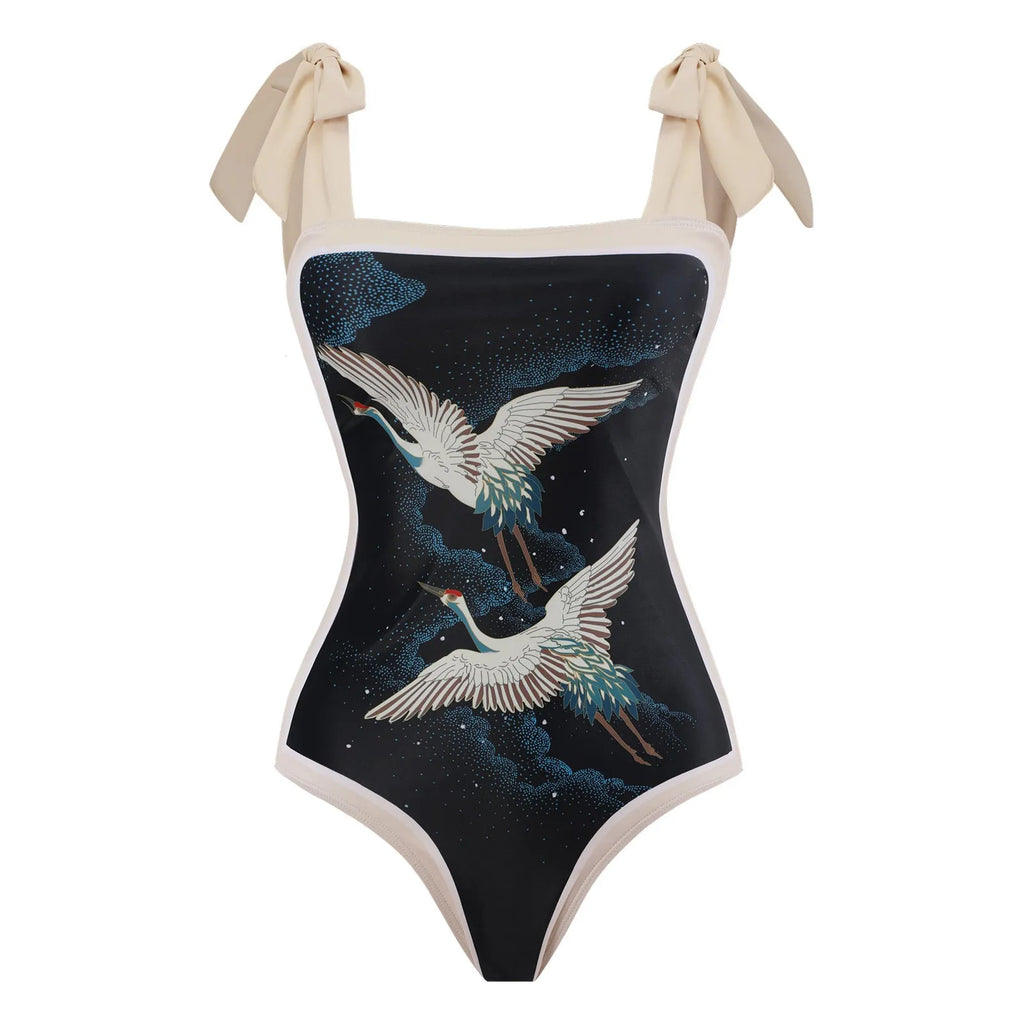 Women's retro floral one-piece swimsuit with chiffon skirt in multiple colour patterns