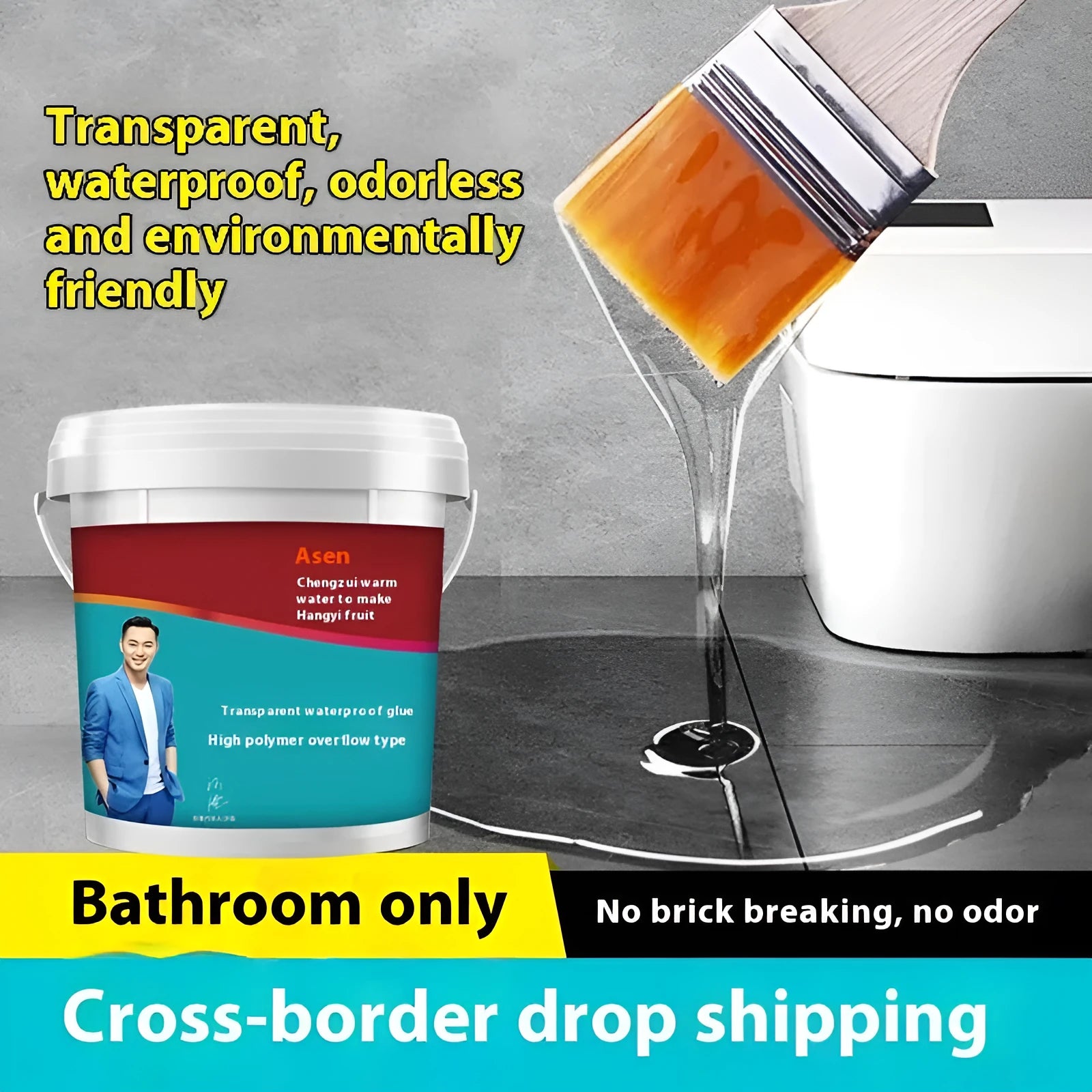 1kg tub of transparent acrylic waterproof adhesive for bathroom tiles and brick repairs with glove brush
