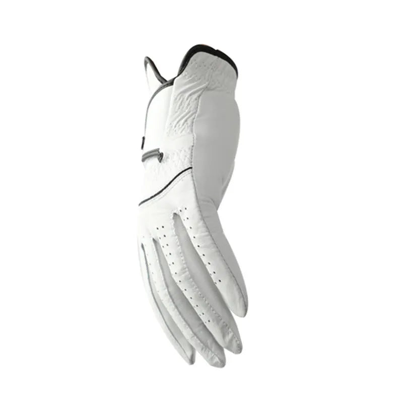A white half sheepskin men's golf glove laid flat, showing the palm and finger design.