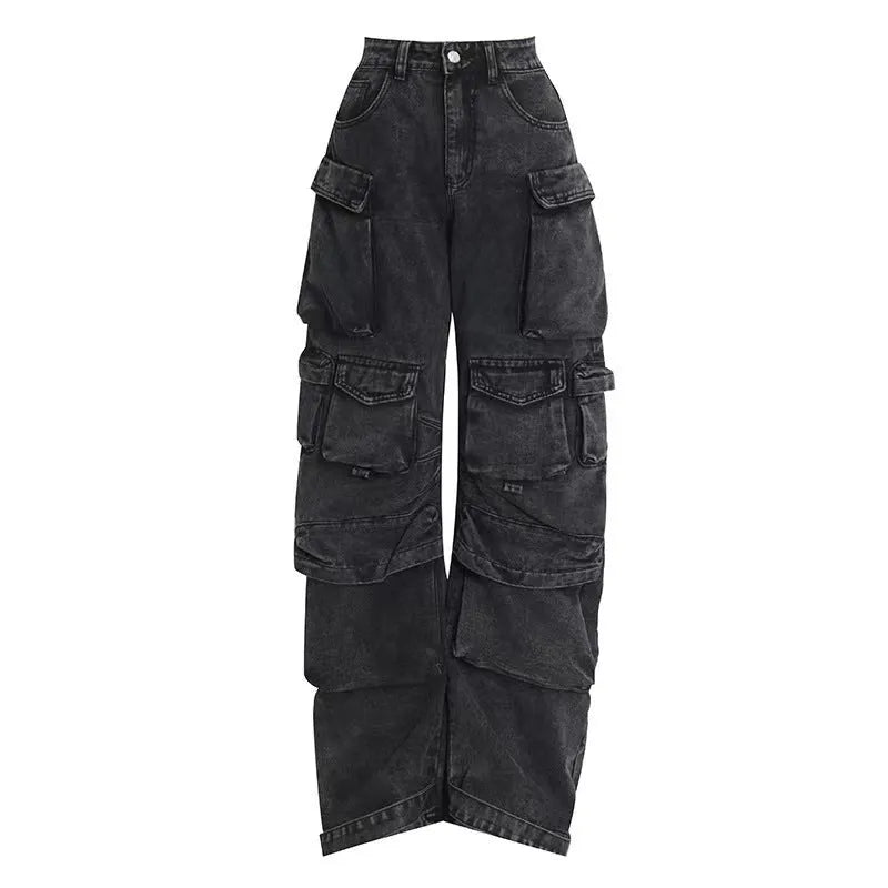 Women's high waist wide leg jeans in tie-dyed denim with multi-pocket street hipster styling