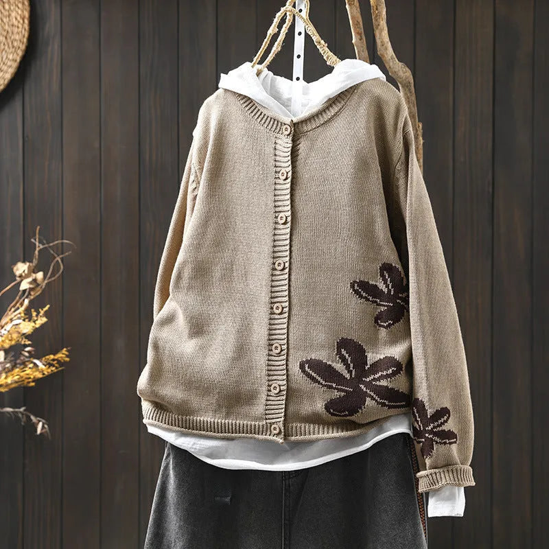 Women's loose retro flower contrasting knit cardigan with button front in khaki, showing long sleeves and floral pattern