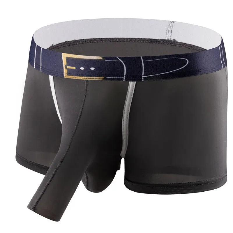 Men's solid colour boxer shorts in ice silk fabric, shown in grey, on a white background.