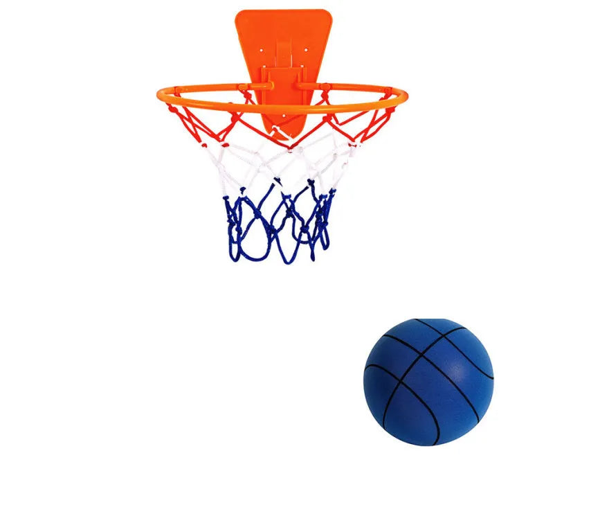 Assortment of bright coloured silent foam basketballs with a basketball frame on a neutral background