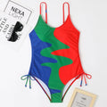 Women's blue sleeveless one-piece swimsuit with fixed trunks on a mannequin.
