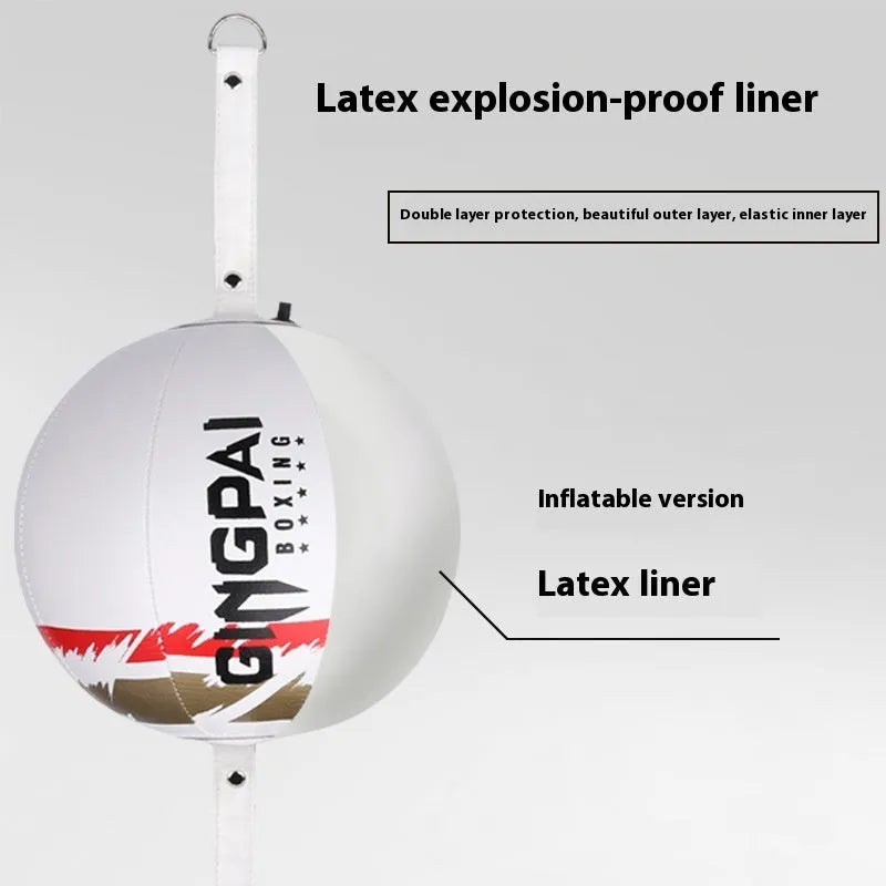 Black hanging boxing speed ball made of PU leather for reaction training.
