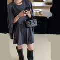 Women's grey art retro knitted vest skirt and cardigan two-piece set with 3D pattern.