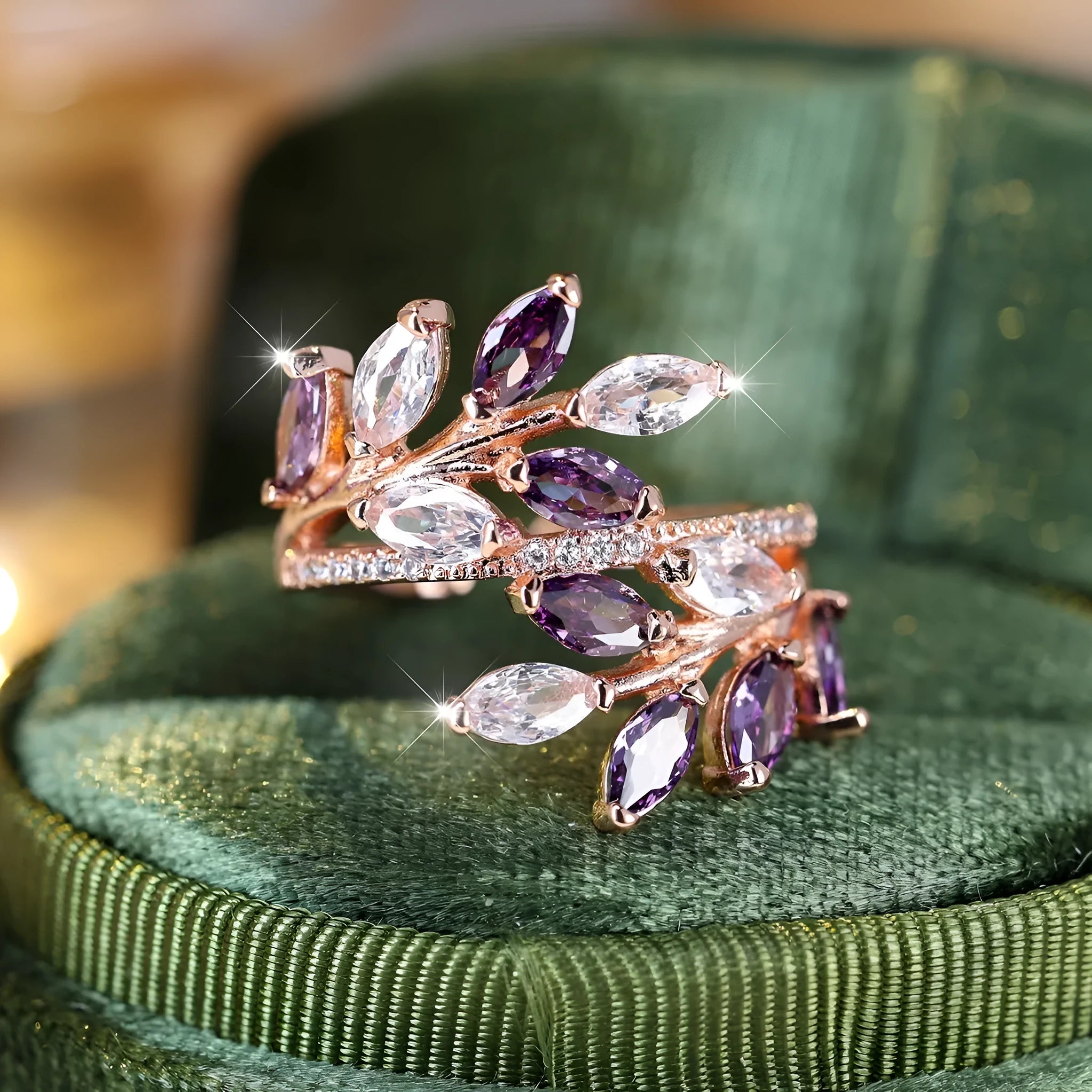 Adjustable copper leaf ring with horse eye design and zircon stones in multiple colour options