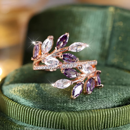 Adjustable copper leaf ring with horse eye design and zircon stones in multiple colour options
