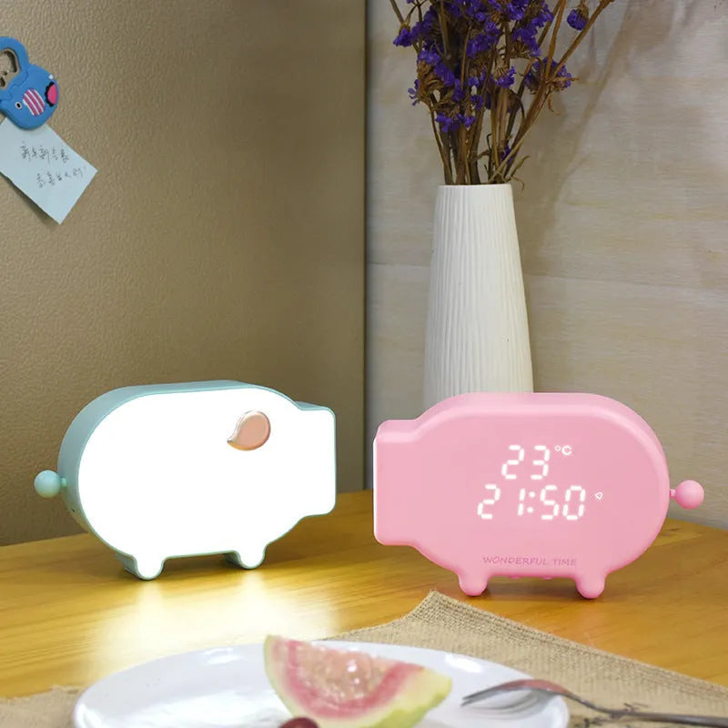 Blue and pink multifunctional LED alarm clock with temperature display and USB charging port
