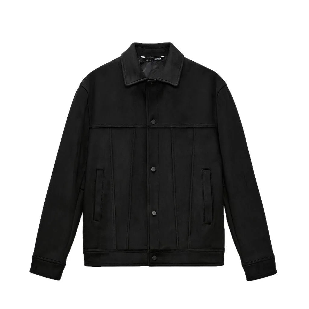 Men's black hooded jacket with suede collar and side seam pockets